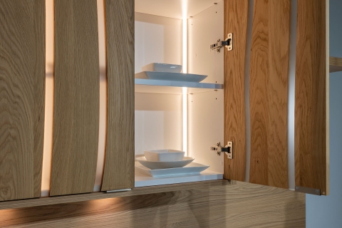 Modern Melamine Cabinets: Solid Wood Accent: Rustic Oak with Clear Filled Splits