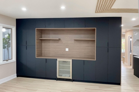 Cabinets - Two-Texture Combo, Solid Matt Black & Wood Grain  - Modern Melamine Cabinets