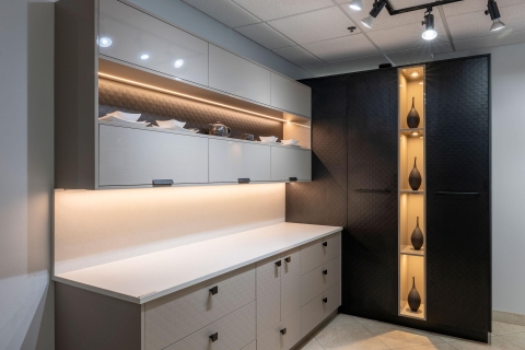 Cabinets - Collezione Italiana: Combo 3D Print Texture and Gloss Kristal Beige Modern Melamine Cabinets