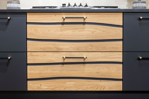 Cabinets - Modern Melamine Cabinets: Solid Wood Accent: Rustic Oak with Black Filled Splits