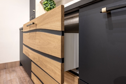 Cabinets - Modern Melamine Cabinets: Solid Wood Accent: Rustic Oak with Black Filled Splits