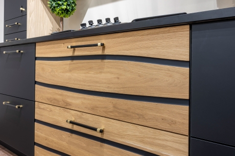 Cabinets - Modern Melamine Cabinets: Solid Wood Accent: Rustic Oak with Black Filled Splits