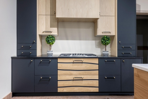 Cabinets - Modern Melamine Cabinets: Solid Wood Accent: Rustic Oak with Black Filled Splits