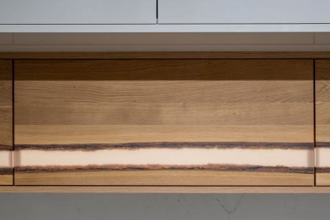 Cabinets - Modern Melamine Cabinets: Solid Wood Accent: Rustic Oak with Clear Filled Splits with Bark