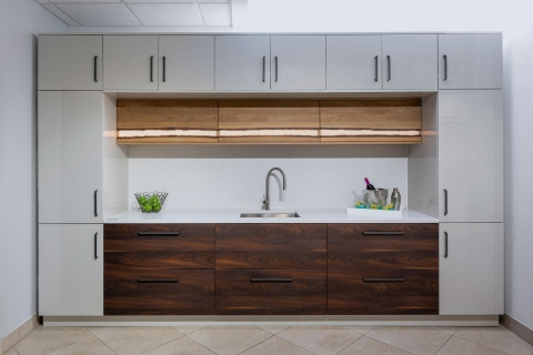 Cabinets - Modern Melamine Cabinets: Solid Wood Accent: Rustic Oak with Clear Filled Splits with Bark